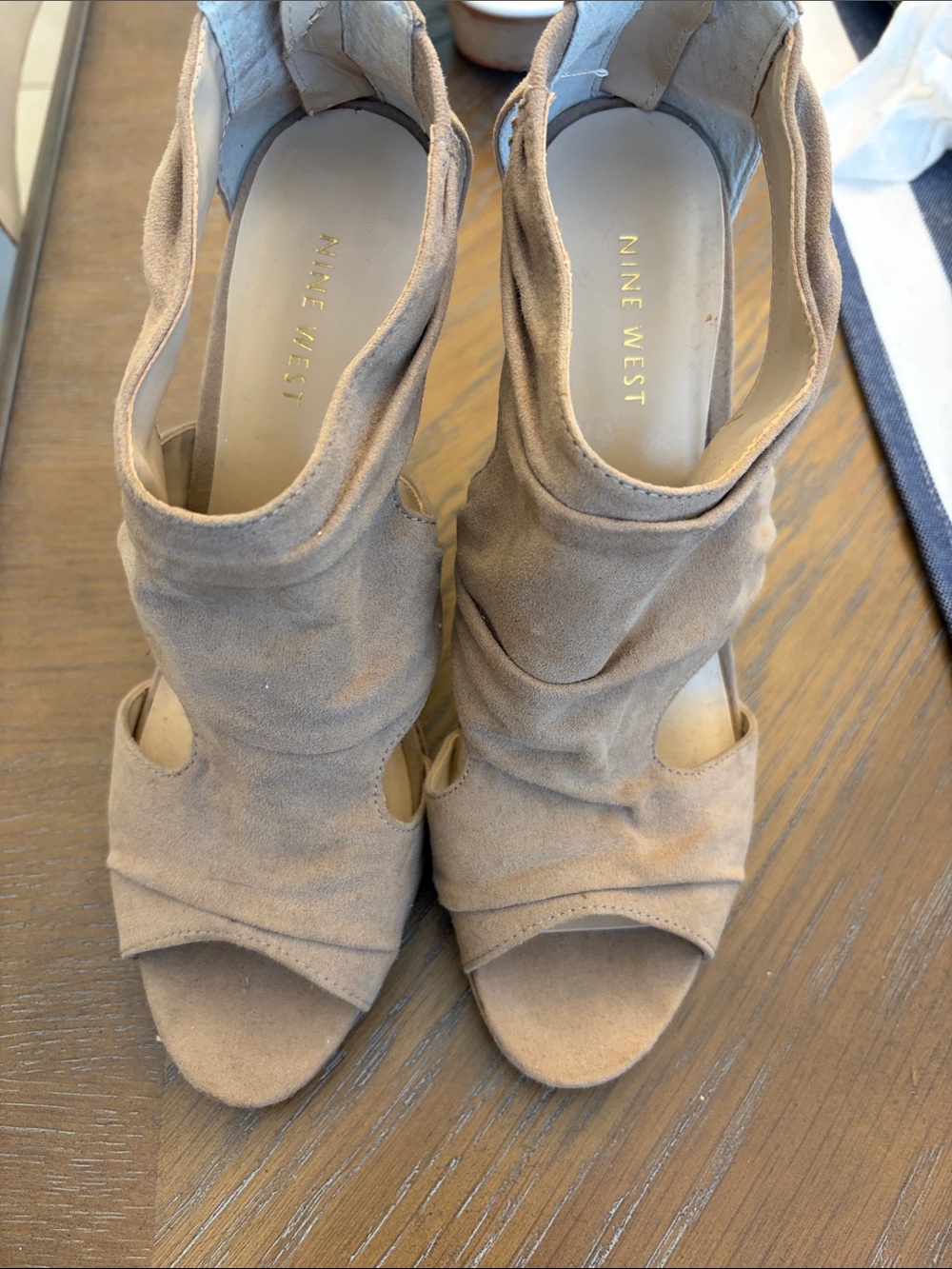 Nine West Taupe Suede Open-Toe Slouch Heels